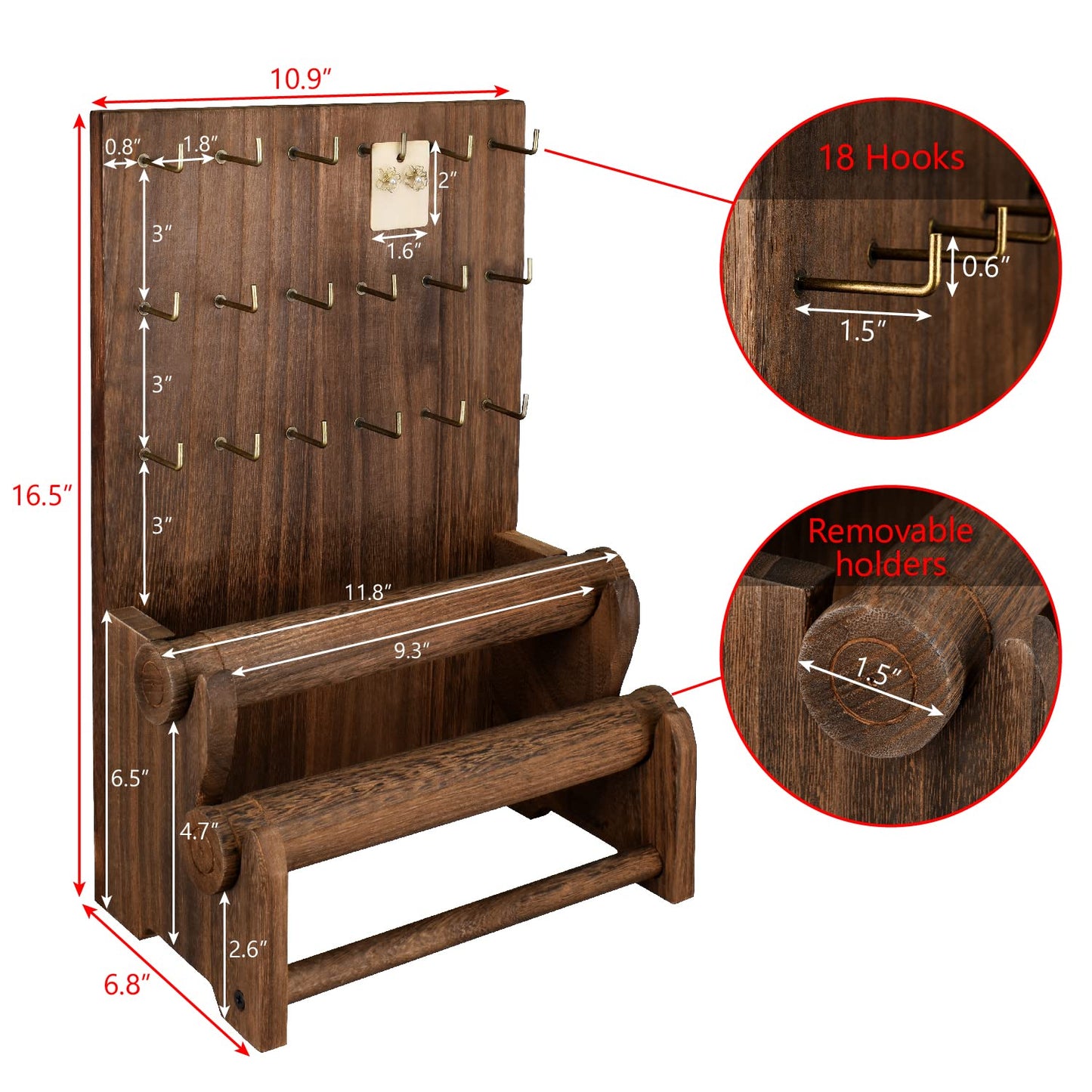Ikee Design 18 Hooks and 2 Removable Bars Wood Jewelry Holder Organizer Stand, Earring Bracelet Jewelry Display Stand Organizer, Necklace Bracelet Holder, Brown Color