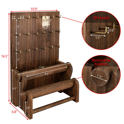 Ikee Design 18 Hooks and 2 Removable Bars Wood Jewelry Holder Organizer Stand, Earring Bracelet Jewelry Display Stand Organizer, Necklace Bracelet Holder, Brown Color
