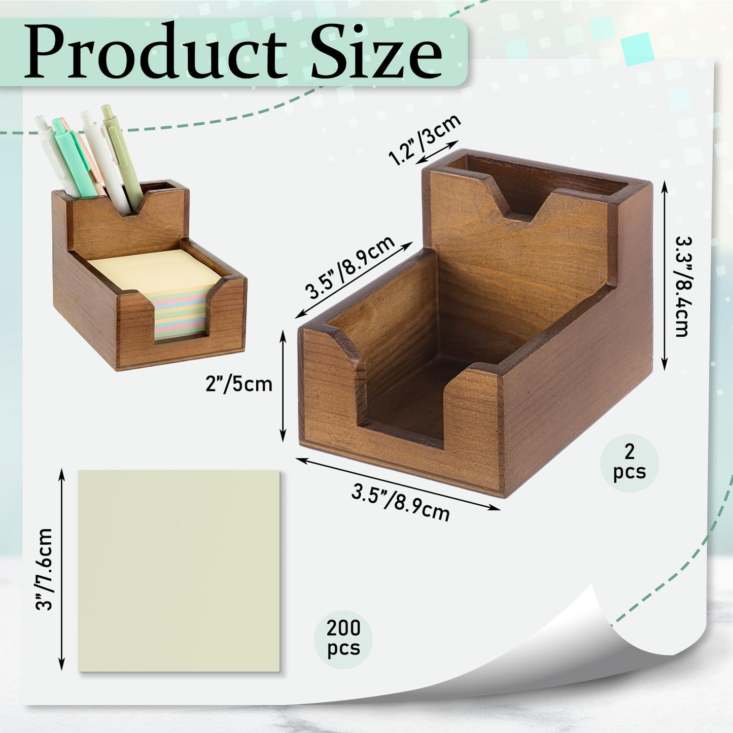 Crtiin 2 Pack Wood Sticky Note Holder, Walnut Color 2-in-1 Pen and Sticky Note Dispenser with 200 Sheets 3x3" Sticky-Notes, Elegant Desk Organizer for Office Home School Dorm Room