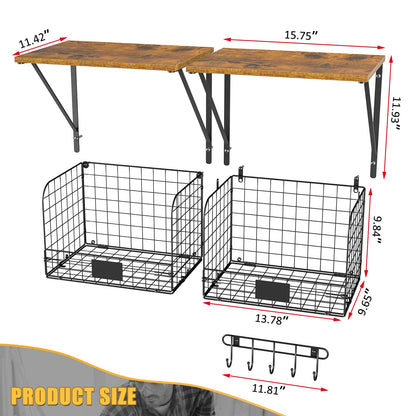 ThreeHio 2 Pack Garage Shelves Wall Mounted with Wire Storage baskets, Heavy Duty Garage Wall Shelving with Hooks, Wooden floating shelves Tool Organizer for Home Garden Garage Organizers and Storage