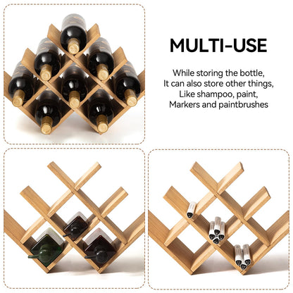 KIRIGEN Wooden 8-Bottle Wine Rack, 3-Tier Countertop Wine Bottle Holder for Cabinets, Bar Cart, Kitchen Counter, Pantry, Dining Room, Wood Stain, 16.73 x 5.91 x 11.14 in, XHJJ3-NA