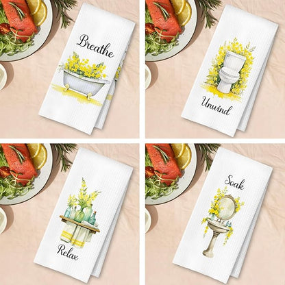 Farmhouse Yellow Botanical Bathroom Hand Towels, Relax Breathe Soak Unwind