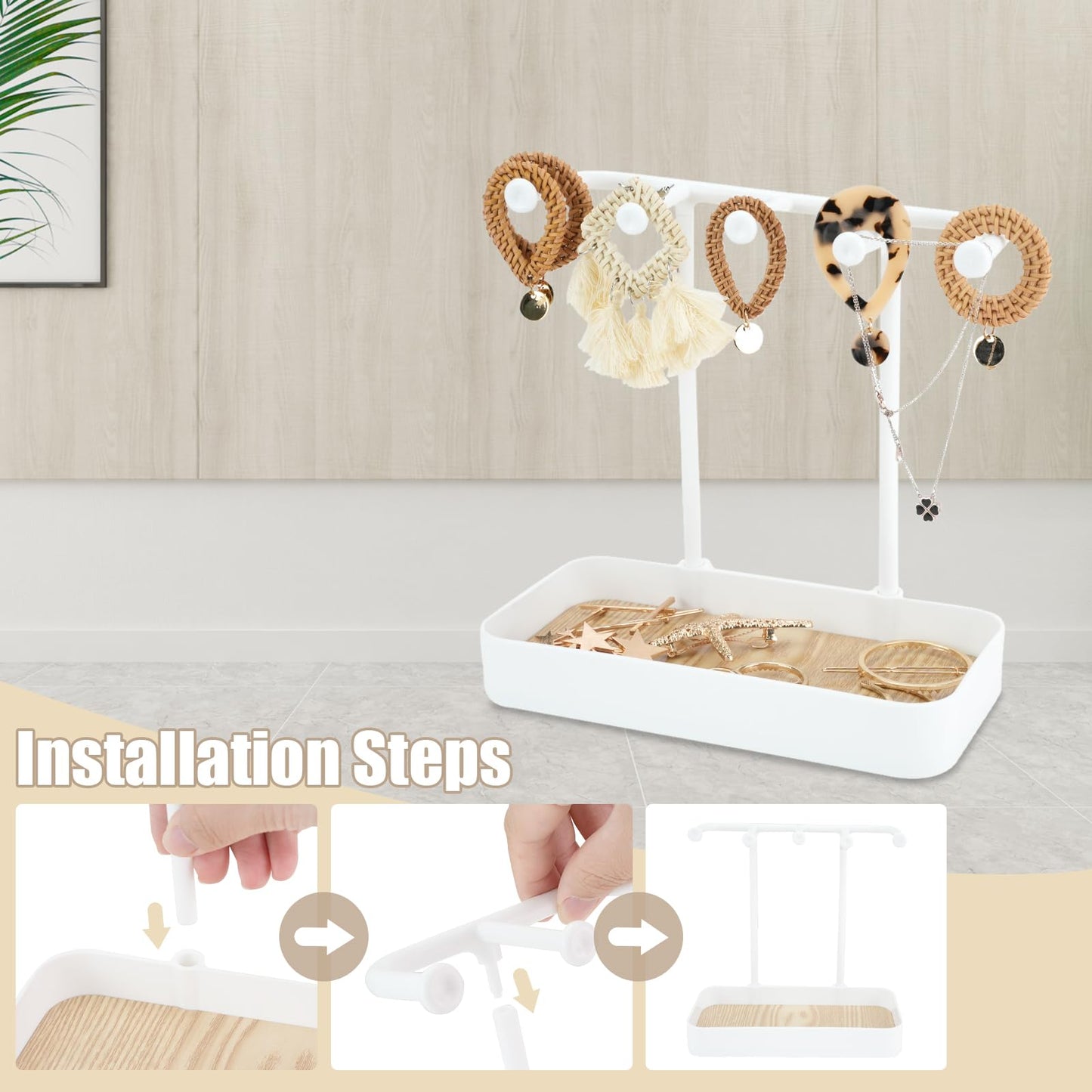 WCHOSOZH Jewelry Organizer Stand, Necklace Holder with Wooden Tray 5 Storage Hooks, Earring Holder with 5 Pcs Jewelry Bags for Bracelet,Chains,Rings,Earrings,Keys Watches,Necklaces (White)