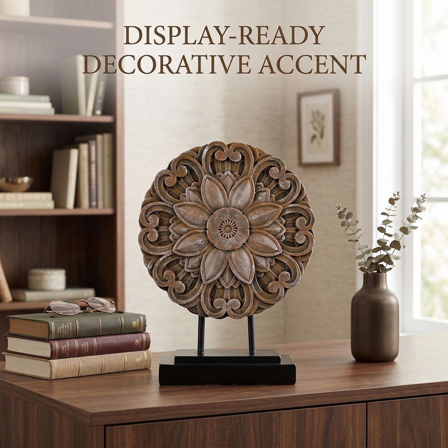 Brown Farmhouse Table top Sculpture Above Cabinet Decor Kitchen, Boho Carving Knick Knacks Shelf Decor Accent, Round Statue for Credenza Bookshelf Rustic Shabby Chic Center Pieces Decoration