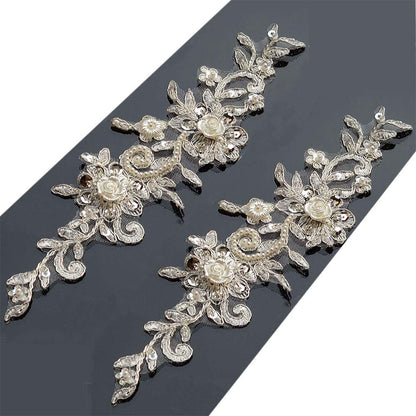 Bling Paillette Rhinestones Lace Appliques Pearl Beaded Bridal Applique Sewing Patch for DIY Wedding Belt Shoes Ivory (2 Pieces)