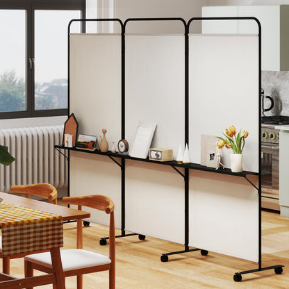 Giantex 3 Panel Room Divider with Wheels and Shelves, 103" W x 74" H Folding Privacy Screen, Rolling Partition Separator for Home Office Studio, Fabric Wall Divider for Room Separation (Beige)