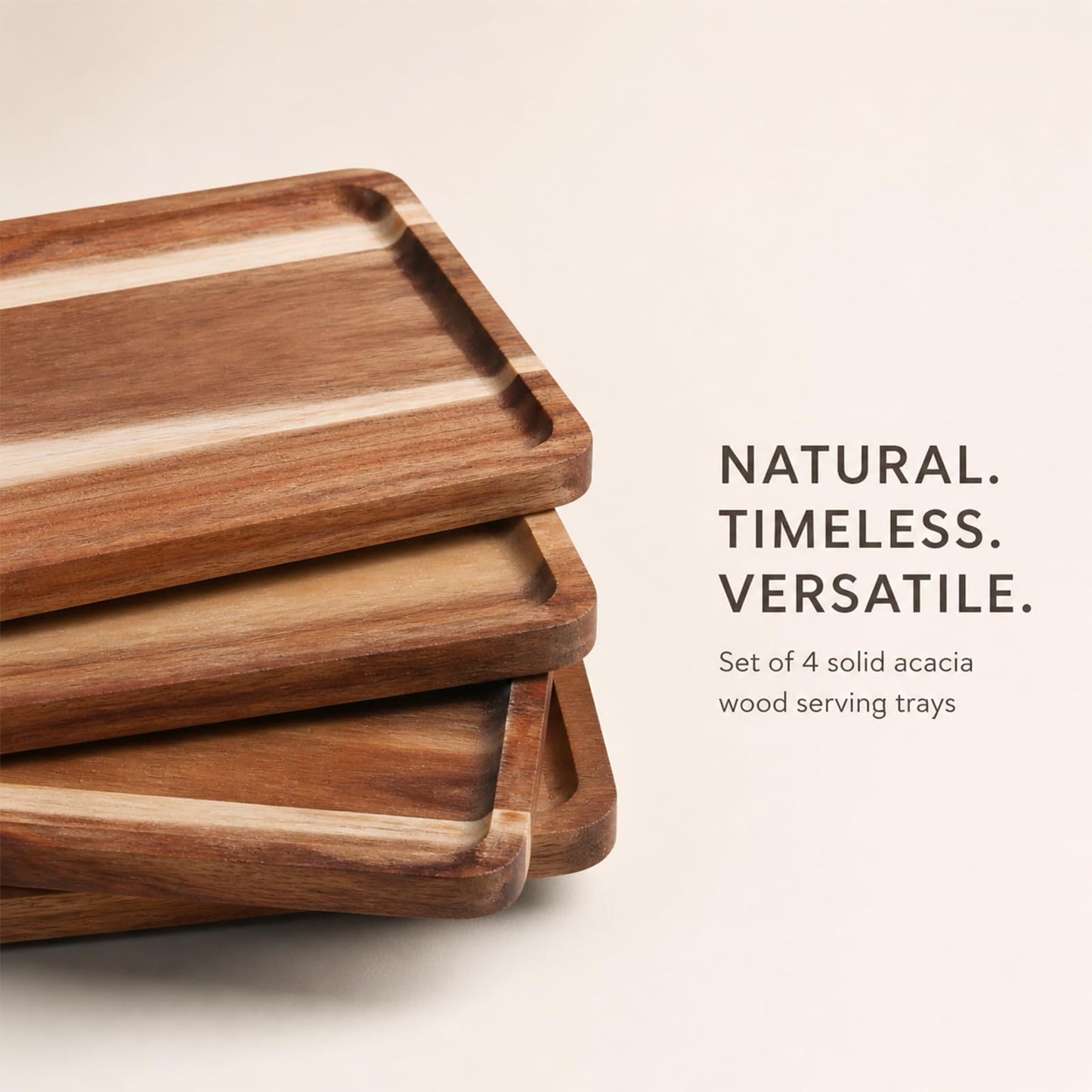 SOUJAP 4Pack 12 x 8 x 0.6 Inch Wooden Serving Tray, Rectangular, Solid Wood, for Kitchen Counter, Bathroom and Home Decor