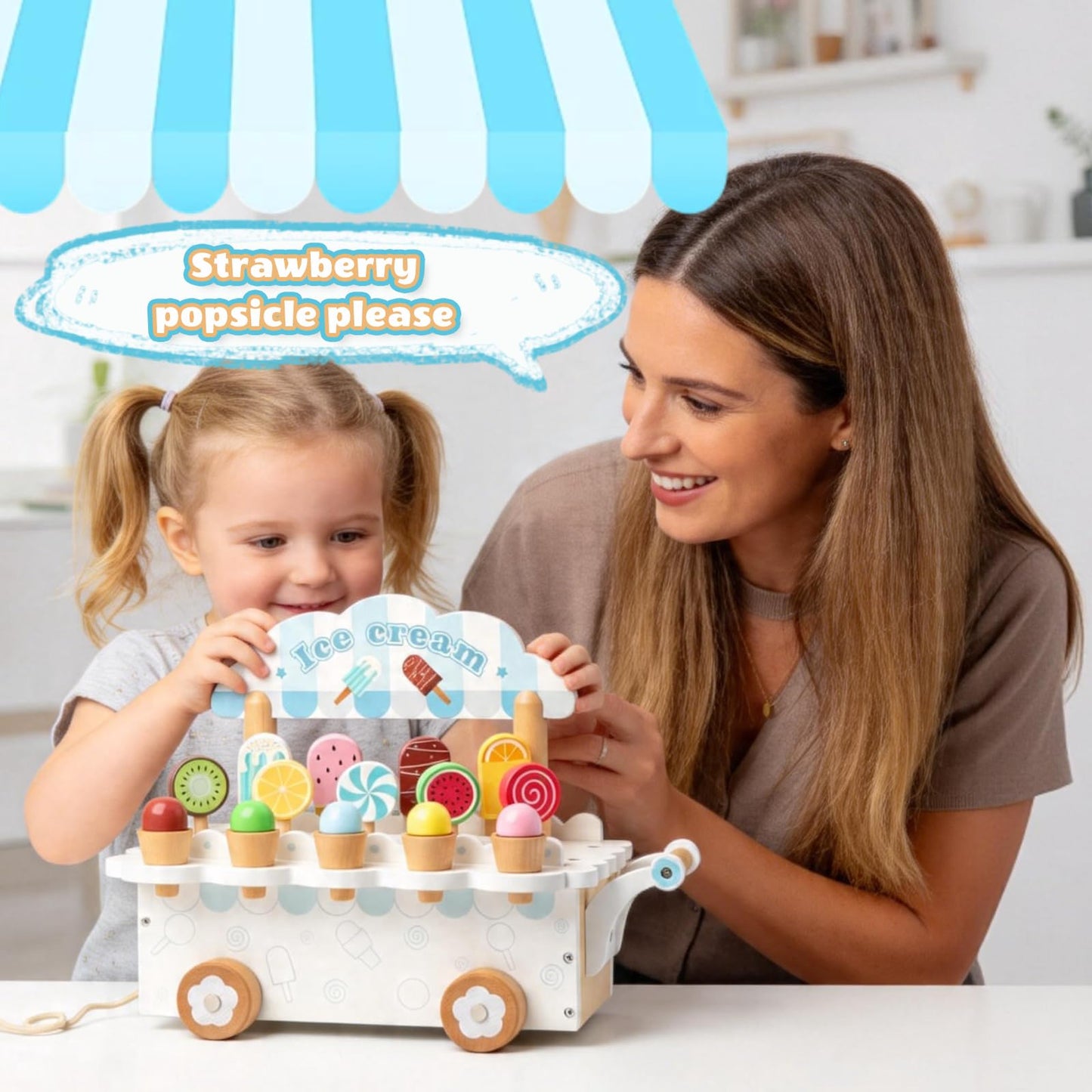 BROWNROOT Wooden Ice Cream Cart for Kids Pull Along Pretend Play Food Toys with Popsicles Ice Cream Cones ToyMontessori Role Play Toy Gift for Toddlers Girls Boys 3 4 5 Years Old