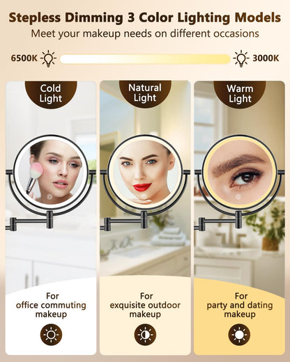 ALHAKIN 9" Wall Mounted Lighted Makeup Mirror, Large Rechargeable 1X/10X Magnifying Mirror with 3 Color Lights Dimmable, 360° Rotation, Nickel