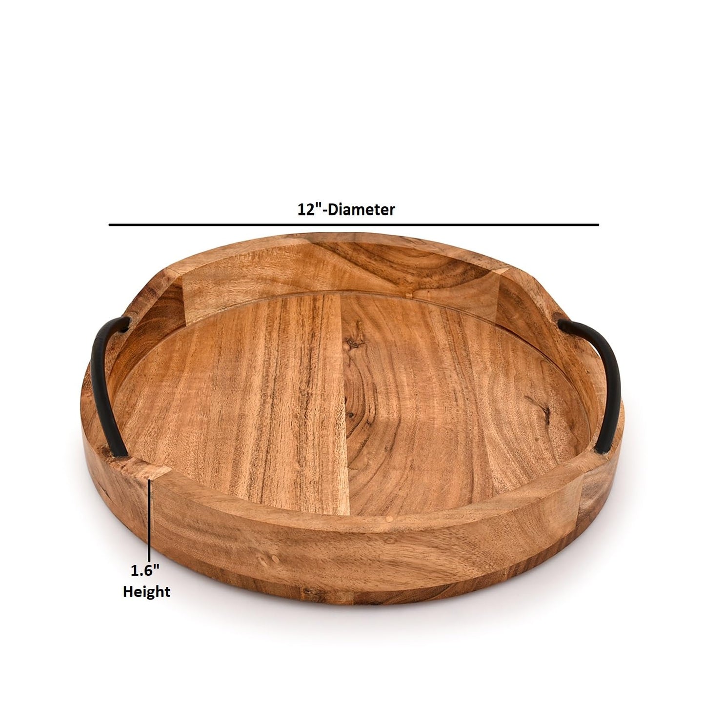 BHAVATU Serving Tray Acacia Wood for Serving Tea, Breakfast in Bed, Living Room Tray Rustic with Farmhouse Style, Decorative Handle (12" x 12" x 1.6")