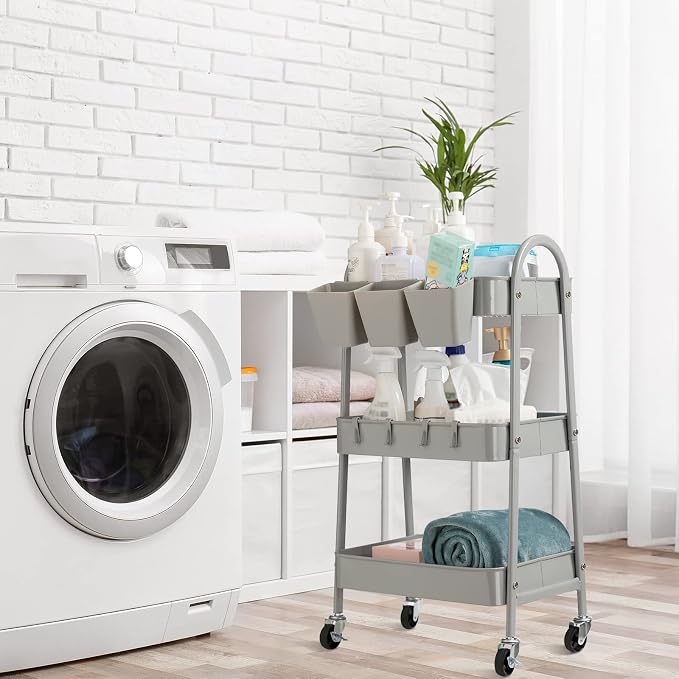 danpinera 3-Tier Rolling Cart, Metal Rolling Storage Cart with Lockable Wheels & Hanging Cups & Hooks, Mobile Trolley Cart for Kitchen, Bathroom, Office, Workshop, Gray