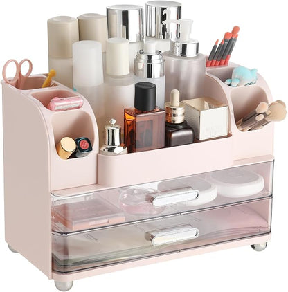 Large Makeup Organizer Countertop with Drawers, Make Up Organizer for Vanity, Makeup Storage Organizer Countertop Makeup Organizers for Skincare, Pink
