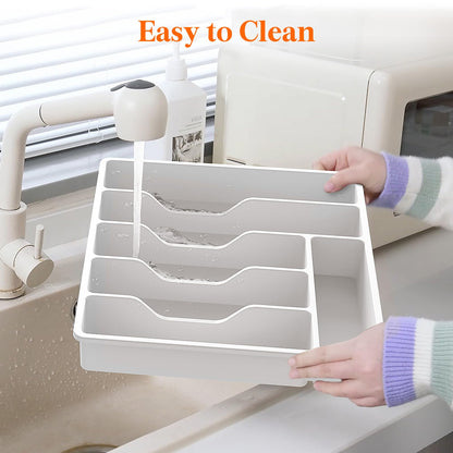 Lifewit Silverware Organizer with Lid, Covered Utensil Tray for Kitchen Drawer and Countertop, Plastic Cutlery and Flatware Storage Box for Spoons Forks Knives Holder Case, 6 Compartments, Black