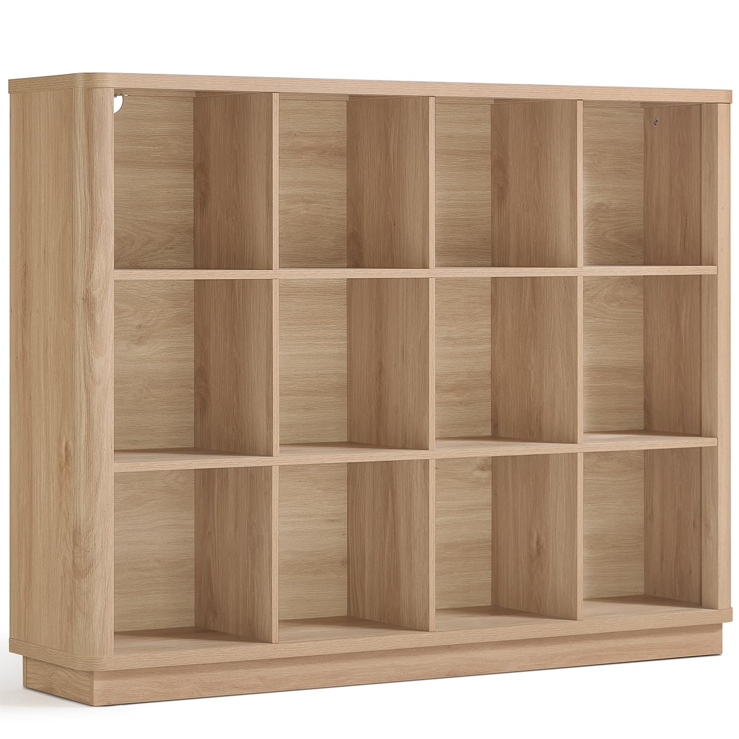 Joaxswe 12 Cube Storage Organizer, 41" Large Bookshelf with Curved Edge, Wood Floor Standing 3-Tier Cubby Bookcase with Base, Rustic Display Storage Cabinet for Living Room, Home Office, Natural Oak
