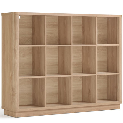 Joaxswe 12 Cube Storage Organizer, 41" Large Bookshelf with Curved Edge, Wood Floor Standing 3-Tier Cubby Bookcase with Base, Rustic Display Storage Cabinet for Living Room, Home Office, Natural Oak