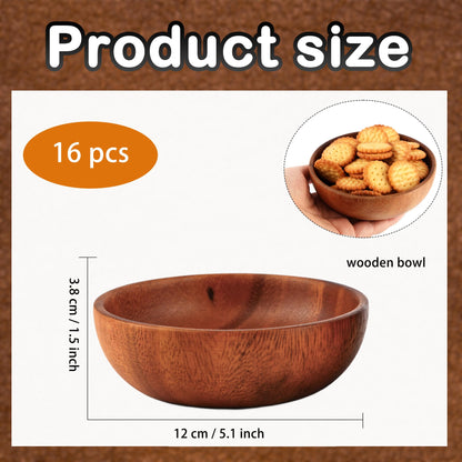 Medanera 16 Pcs Small Acacia Wooden Bowls 4.72 x 1.5 Inch Decorative Stackable Salad Bowl Round Calabash Bowls for Kitchen Pasta Sauce Rice Soup Dessert Popcorn Cream Party Gifts