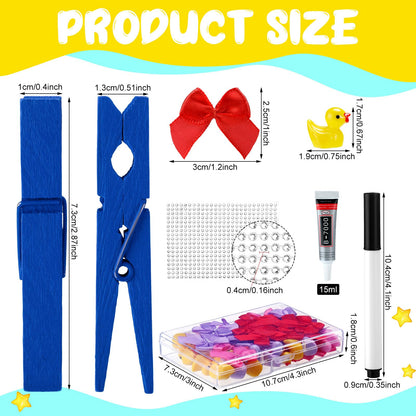 Dingion 60 Set Cheer Pins Spirit Clips Include 60 Wooden Clothes Pin Resin Ducks Bows Self Adhesive Glitter Sticker Pen Glue Ribbon for DIY Cheer Accessory Schoolbag Decor Team Craft Gift(Blue)