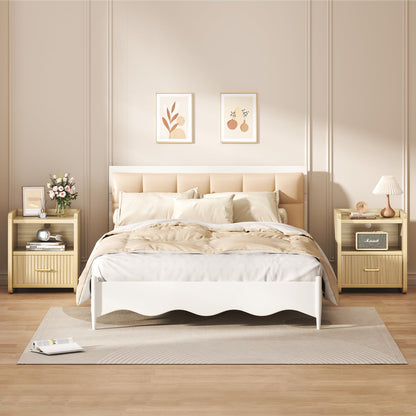 Curlaky Night Stand with Charger Station - Modern Wood Nightstand with Drawer Storage, Fluted Wide Nightstands Bedside Table, Mid Century Night Stands for Bedroom Home Office Sofa, Natural