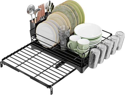 Ekisemio Expandable Dish Drying Rack with Utensil Holder & Drip Tray, Black | Ekisemio 12.7"-21.7" Expandable Dish Rack | 360° Swivel Spout | Steel Frame | Dual Utensil Holder | Tool-Free | Anti-Slip