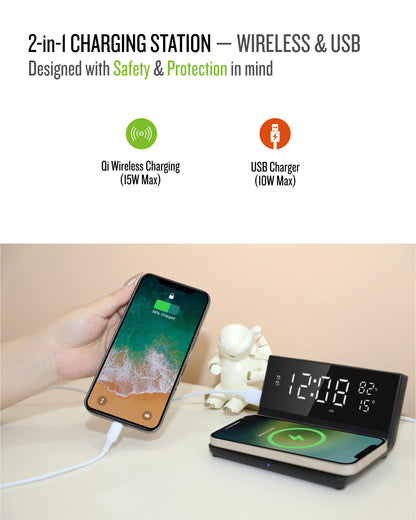 Soundfreaq Charge Rise II, SFQ-20: Digital Alarm Clock, with Dual Alarms, Fast USB Charger and Wireless Charger (Black)