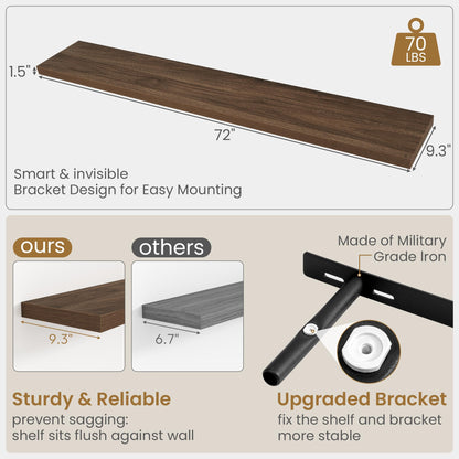 72"W x 9.3"D Floating Shelves for Wall, Wall Mounted Bathroom Shelves 1 Pack Deep Floating Shelf for Bedroom Kitchen Living Room, Rustic Wooden Wall Shelf with Invisible Bracket for Books Decor