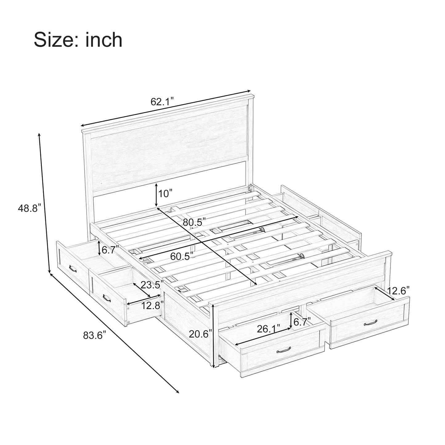 GDFStudio Queen Size Storage Bed Frame with 6 Drawers, 48.8" Tall Headboard Platform Bed Frame with Wooden Slats, Modern Bedroom Storage Furniture, No Box Spring Needed, White