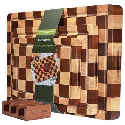 Checkerboard Cutting Board 3-PC Set, Solid Wooden Chopping Board, Acacia Wood Cutting Board for Kitchen with Holder with Deep Juice Grooves & Built-in Handles, for Meat, Vegetables and Fruits