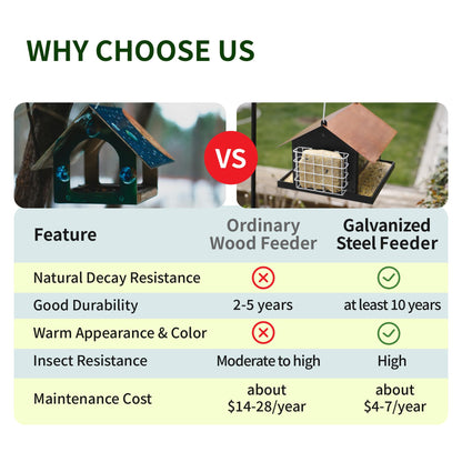 Solution4Patio Bird Feeders for Outdoors Hanging, All Metal, Double Suet Cake and Large Capacity, Hopper Tray & Weatherproof for Finch, Cardinal & Chickadee (Brown)