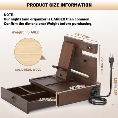 Wood Phone Docking Station with USB Ports and Outlets, Nightstand Organizer with Charging Station, Bedside Organizer with Drawer for Watch & Accessories, Christmas Anniversary Birthday Gifts for Men