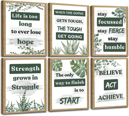 Induslyfe Framed Motivational Wall Art for Living room Bedroom Office Canvas Wall Art pictures for Classroom,Affirmations Inspirational Decor Olive Eucalyptus,Positive Quotes for Office Set of 6, 9x12