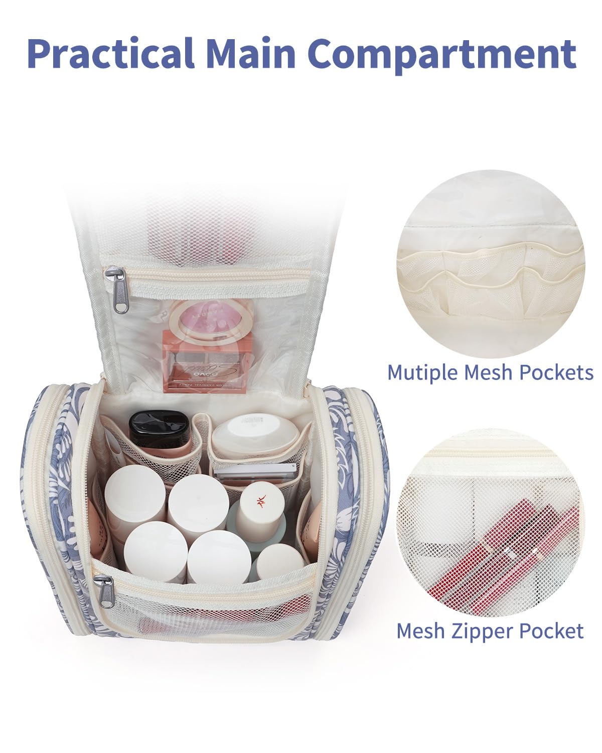 Narwey Small Hanging Toiletry Bag Women Travel Makeup Bag Organizer Toiletries Bag for Travel Size Essentials Accessories Cosmetics (Medium, Blue Leaf)