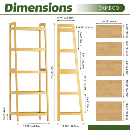 vovala Bookshelf, 5 Tier Ladder Bookcase with Bamboo Frame, Freestanding Tall Narrow Display Plant Shelf for Living Room, Kitchen, Bedroom, Balcony, Natural