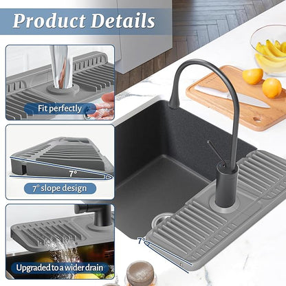 PoYang 14.6 inch Faucet Mat for Kitchen Sink Splash Guard, 7° Slope Silicone