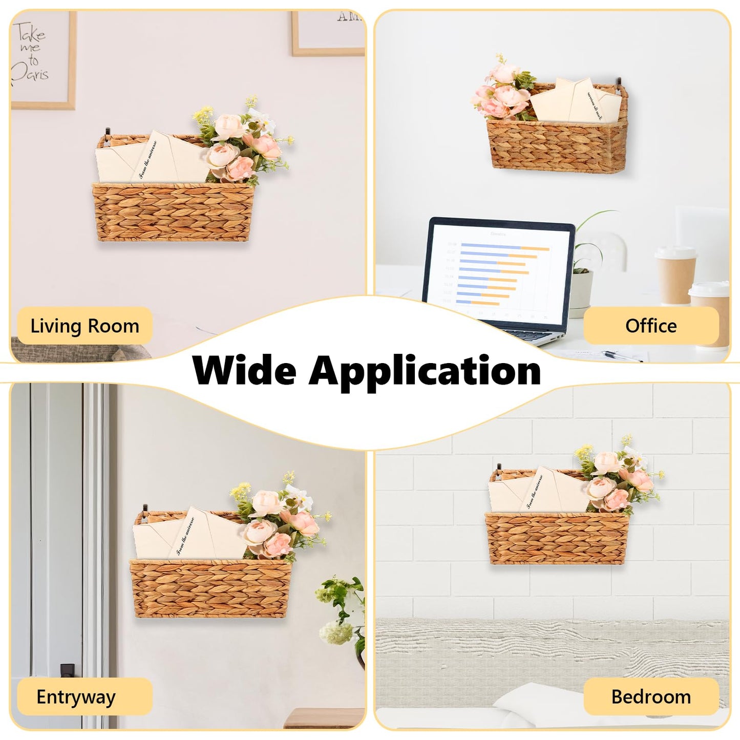 2 Pcs Woven Mail Holder Wall Mount Basket 9.25x1.57 Inch Rattan Wall Letter Holder Wicker Wall Basket Storage Water Hyacinth Hanging Storage Basket with Hooks Magazine Basket for Mail Envelope Office