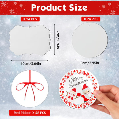 Jenaai 48 Pcs Sublimation Ornament Blanks Double Sided MDF Sublimation Christmas Ornaments Blanks Bulk for Christmas Tree Decor DIY Crafts with Red Ribbon, DIY Handmade Crafts Ornaments(3.15 Inch)