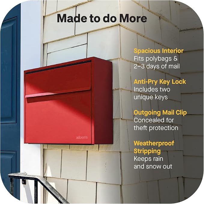 Adoorn Lockable Wall Mount Mailboxes for Outside - Small Anti-Theft Locking Mailbox for Letters - Weatherproof Construction - Durable Steel - 13.5" H x 15" L x 5.5" D - Red-Red