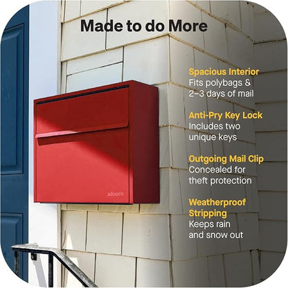 Adoorn Lockable Wall Mount Mailboxes for Outside - Small Anti-Theft Locking Mailbox for Letters - Weatherproof Construction - Durable Steel - 13.5" H x 15" L x 5.5" D - Red-Red
