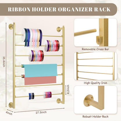 Yonynise Ribbon Storage Organizer,Wall Mounted Ribbon Holder Rack,7 Tier Large Capacity Metal Ribbon Storage for Craft Room,Flower Shop,Cake Shop,Gift Wrapping Paper,Golden