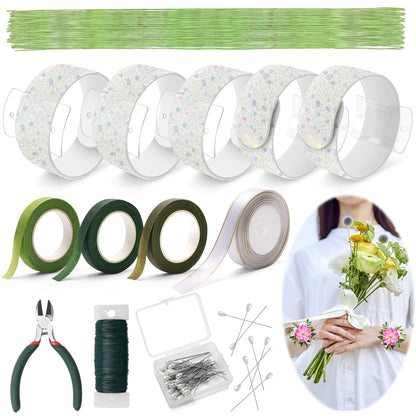 AHIER 161 PCS DIY Wrist Corsage Making Kit with 5P Wrist Corsage Bracelets, Floral Wire and Cutter, Floral Tape, Pin, Ribbon for Wedding Party Boutonniere Supplies
