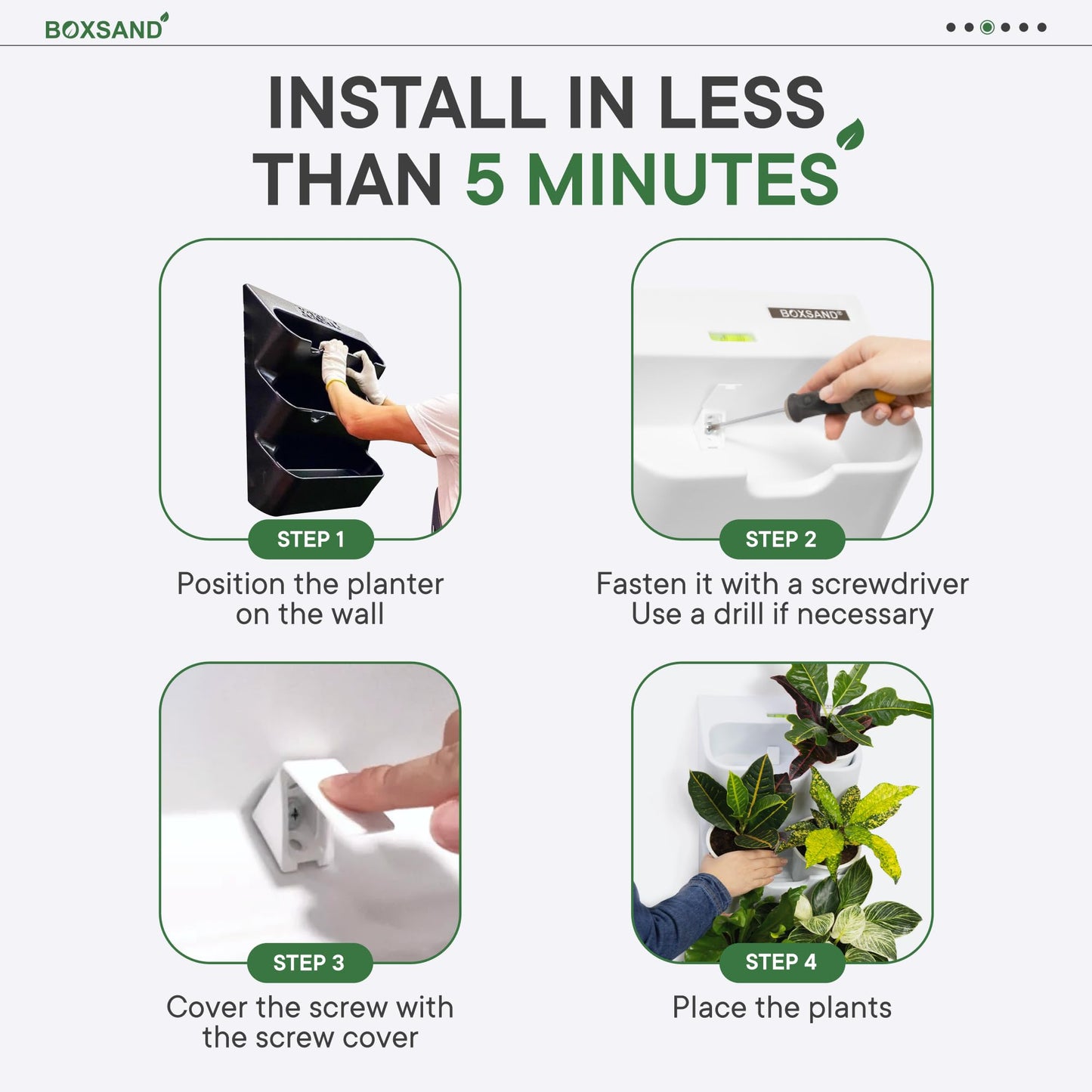 BOXSAND-6 Vertical Wall Planter (12"x26", White with Black Pots) – Living Wall for 6 Plants, Indoor/Outdoor Vertical Garden System, Easy 2-Screw Install