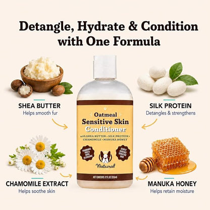 Natural Dog Company Sensitive Skin Dog Conditioner – Oatmeal Moisturizing for Sensitive & Itchy Skin, Detangling Grooming Formula for Long Haired Dogs, with Manuka Honey & Chamimile, 12 oz