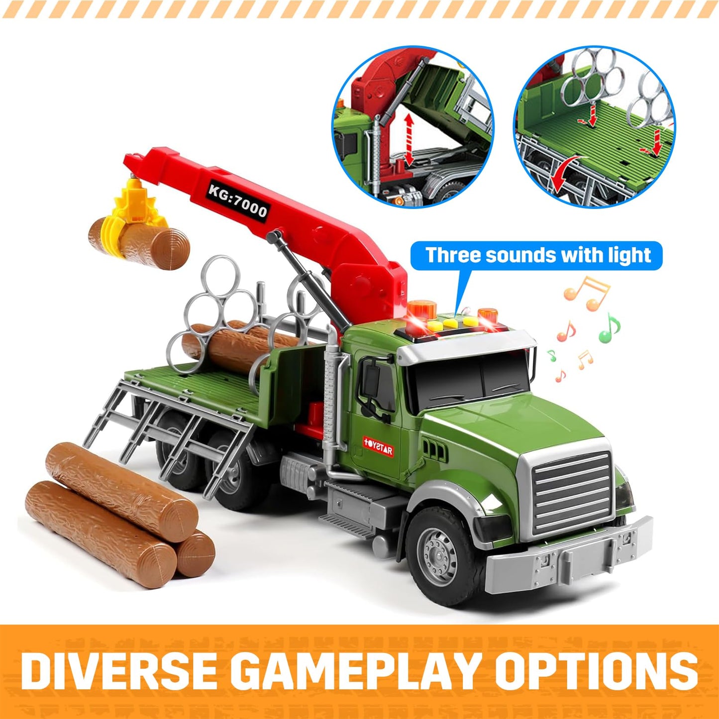 MAJCL 15" Large Timber Truck with Loading Crane and 6 Wooden Trunks, Realistic Logging Truck Toy for Kids Ages 3-5, Toy for Boys, Birthday Gift for Toddlers
