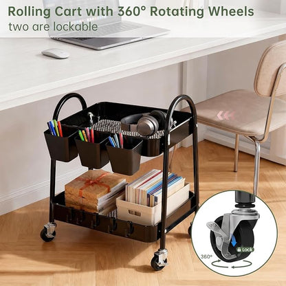 danpinera 2-Tier Rolling Cart, Utility Cart Mobile Metal Rolling Storage Cart with Lockable Wheels & Hanging Cups & Hooks for Kitchen, Bathroom, Office, Workshop