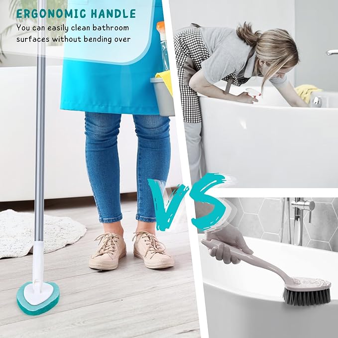 Shower Scrubber with Long Handle, Bathroom Tub and Tile Cleaning Tool with 6