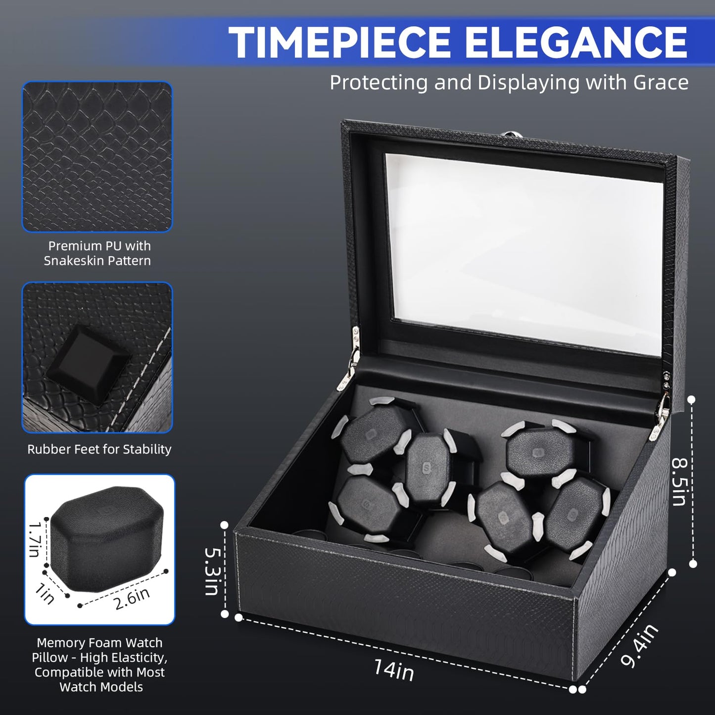 hightall Luxury Automatic Watch Winder for Rolex/Omega/Cartier | 6+6 for Automatic Watches with Whisper-Quiet Motor (<5dB), Anti-Scratch Memory Foam & Stable Base | Snakeskin PU,With Plug