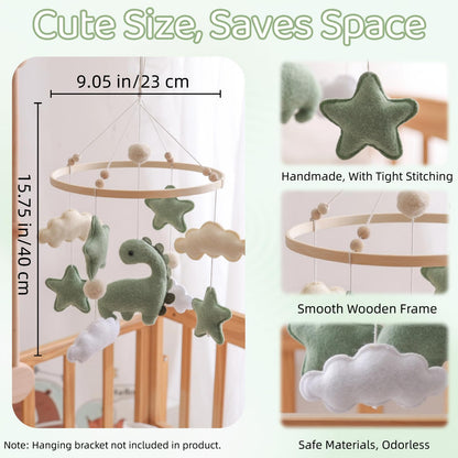 Soft Green Dinosaur Theme Baby Mobile for Crib, Simple Crib Bell for Boys and Girls,Handmade Felt Clouds Nursery Ceiling Decoration,Easy to Install Cotton Animal Charms for Bassinet