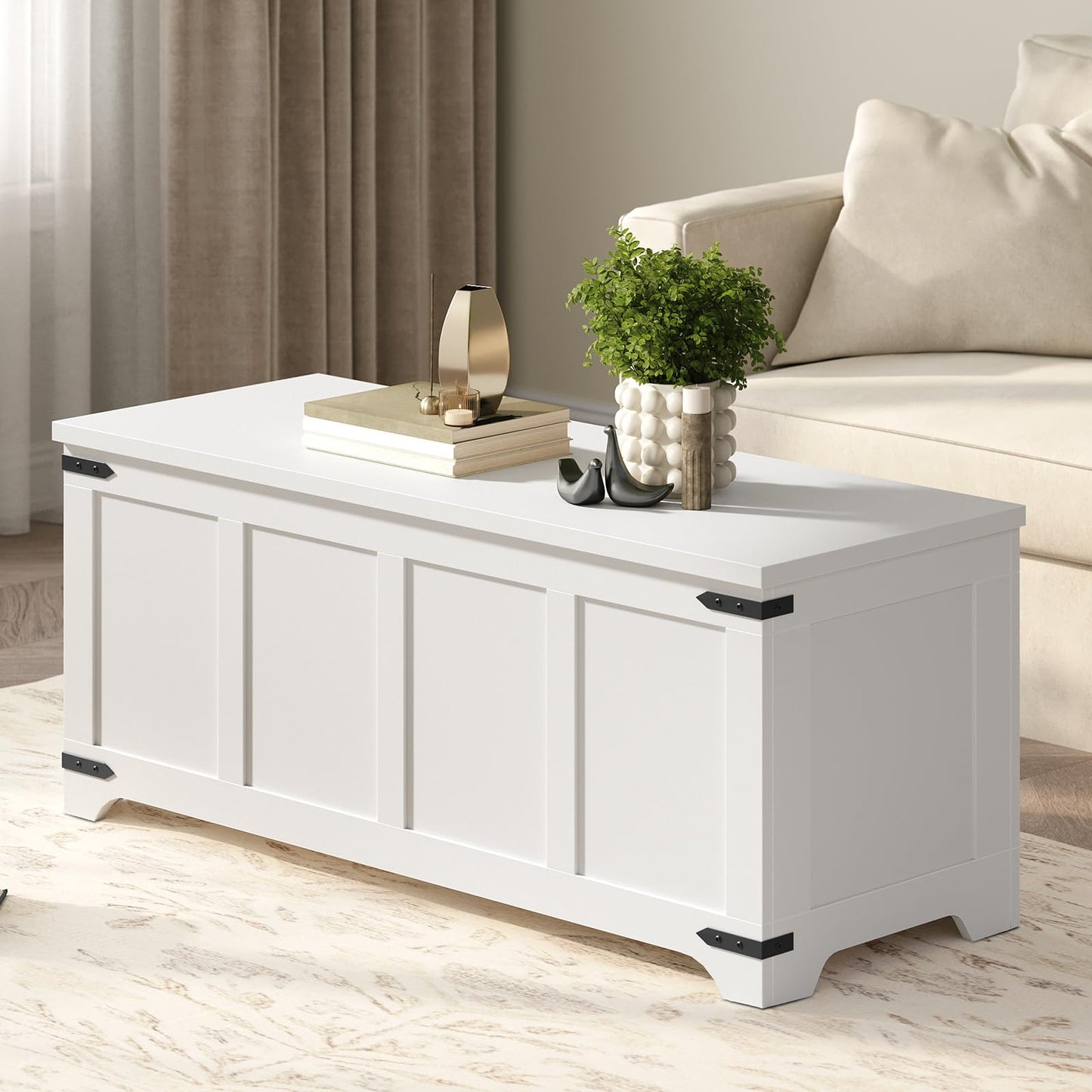 MAHANCRIS 47.2" Storage Chest, Wooden Storage Bench with 2 Safety Hinges, Entryway Shoe Bench with Flip-Top, Storage Trunk for Living Room, Bedroom, Entryway, White SCBW4901