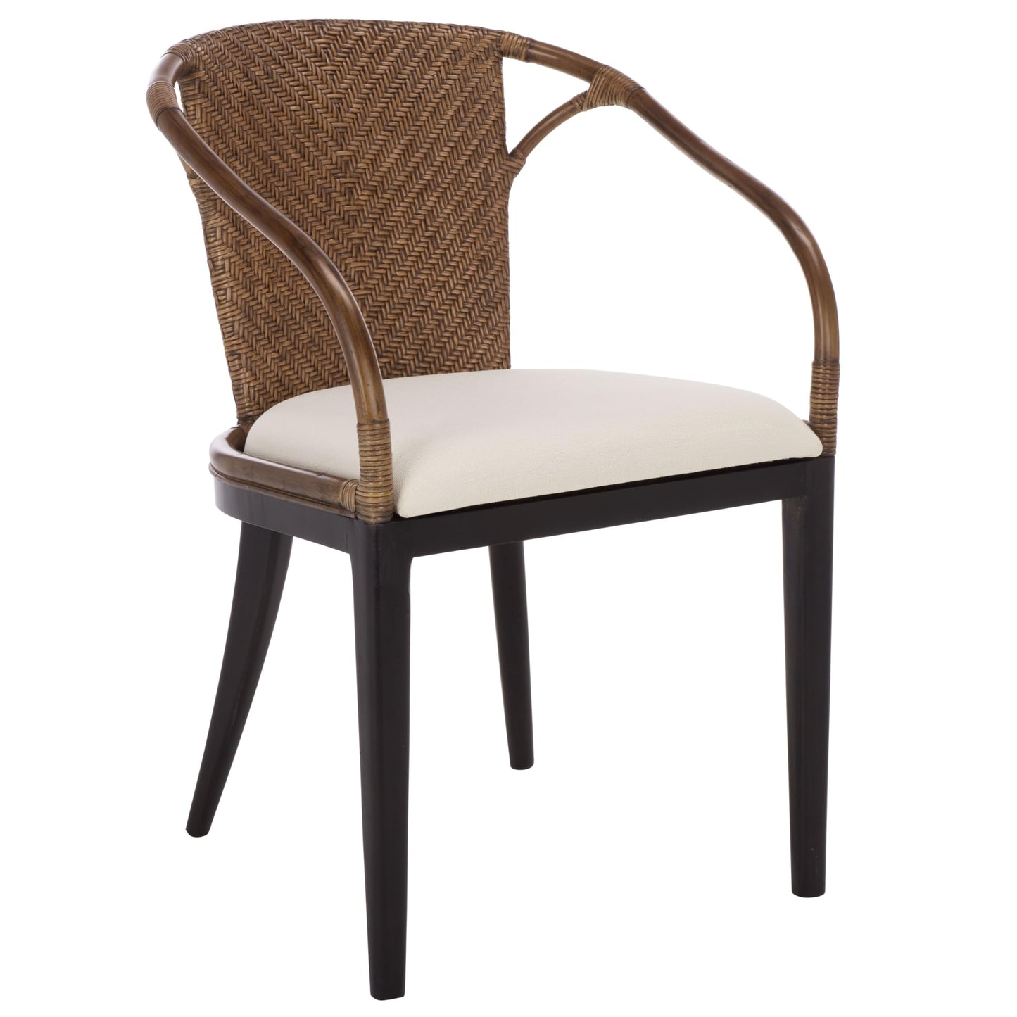 SAFAVIEH Home Collection – Kumi Brown Rattan Arm Chair with Ivory Seat Cushion, Coastal Modern Accent Seating, Fully Assembled (ACH4902A)