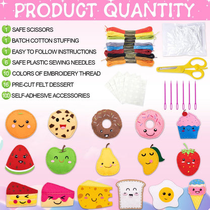 ZOIIWA 16 Sets Food Themed Sewing Kit for Kids Fun Craft for Boy Girl Age Felt Fruit Plush Craft Kit Learn to Sew Educational Beginners Sewing Stuffed Ornament for Back to School Birthday Party Gift