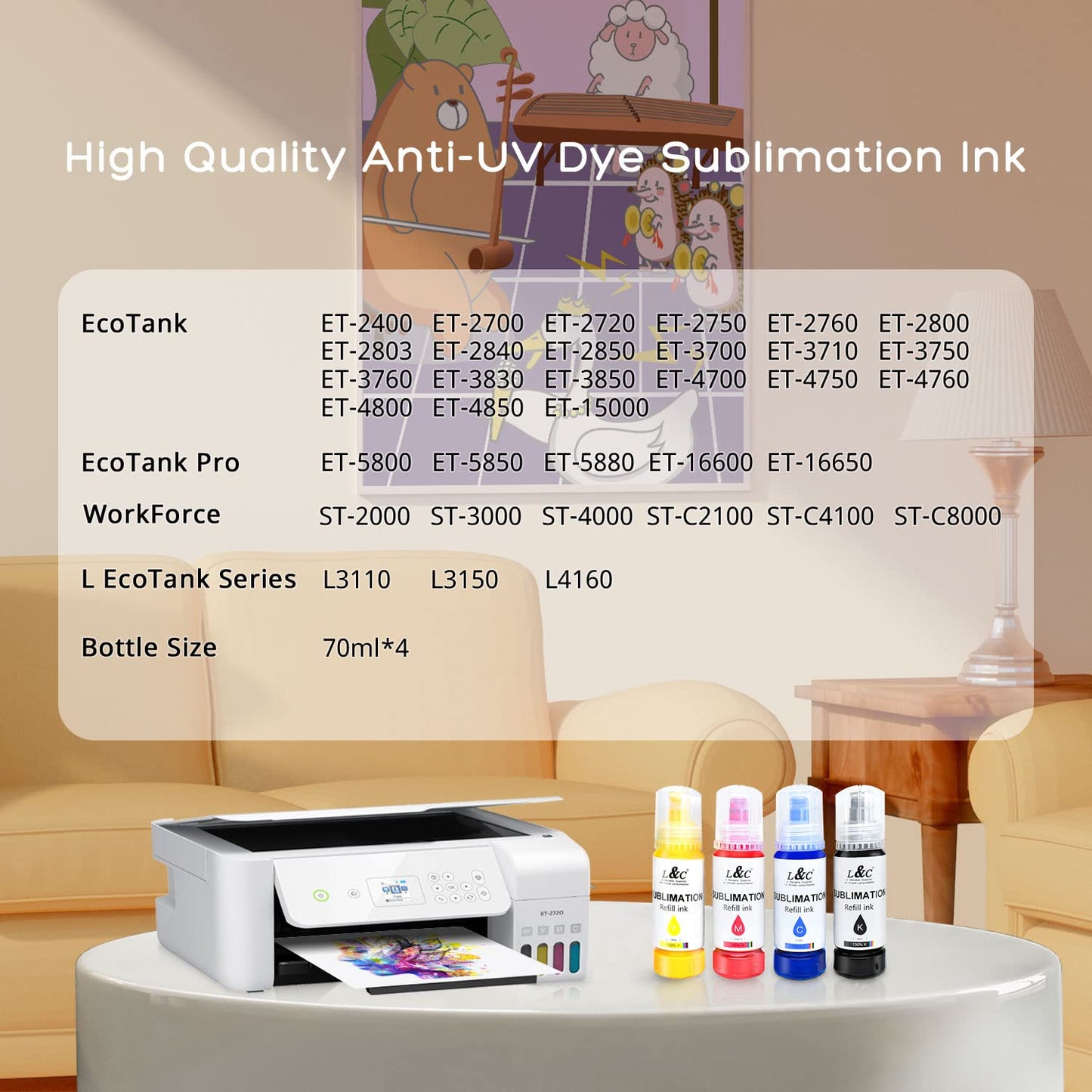 Sublimation Ink for Epson ET2400 ET2720 ET4800 ET-2803 ET-2800 ET-2840 ET-4700 ET-2760 ET-2750 ET-2850 ET-15000 Inkjet Printers Sublimation Ink Refilled Bottles for Heat Transfer Mug T Shirts